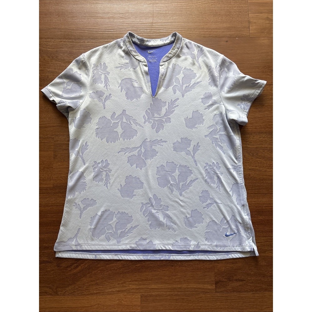 Nike Dri-FIT Golf Polo Womens XL Gray Purple Floral Short Sleeve Crest